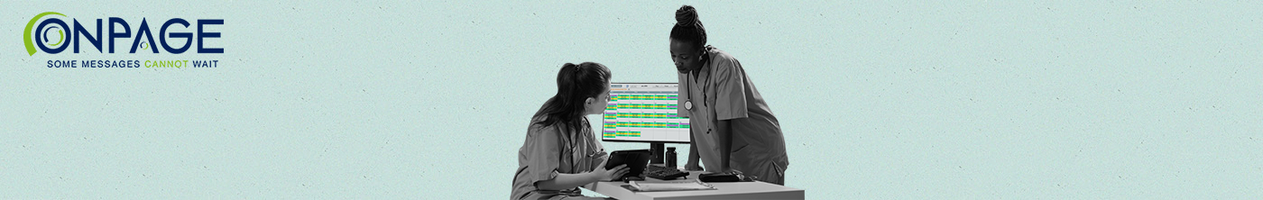 Health Unit Coordinator Blog Banner, HUC and doctor discussing OnPage digital schedule on computer.