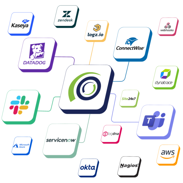 OnPage Integrations including: Kaseya, Zendesk, Datadog, logz.io, Connectwise, webhooks, Dynatrace, Slack, Site 24x7, Microsoft Teams, Microsoft Azure, ServiceNow, okta, logDNA, Nagios, and AWS.