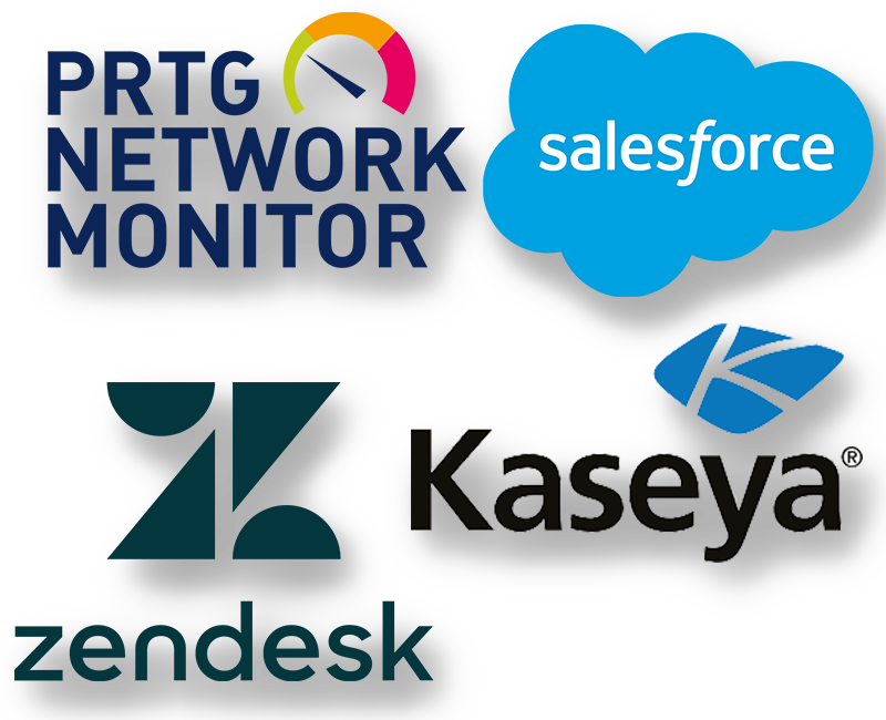 New integration logos including PRTG network monitor, salesforce, zendesk, and kaseya