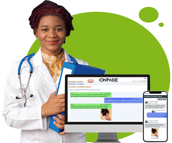 Healthcare professional using OnPage's clinical communication and collaboration system on desktop and mobile