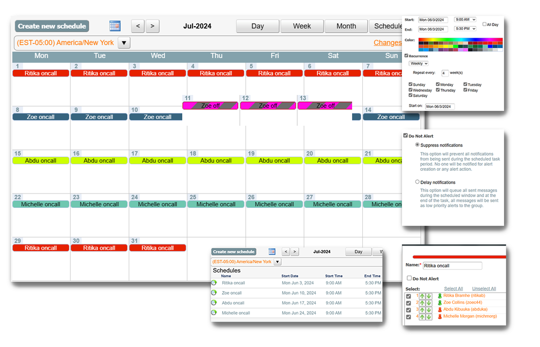 OnPage on call management solution for easy scheduling and rotation creation. Showing digital on-call scheduler, escalation policies, recurring schedules, swap changes, and schedule logs.