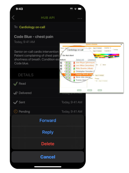 OnPage app on mobile phone depicting role-based messaging. Sender is delivering to "Cardiology on-call" and the message is automatically routed to the correct doctor and will escalate to the next doctor if necessary.